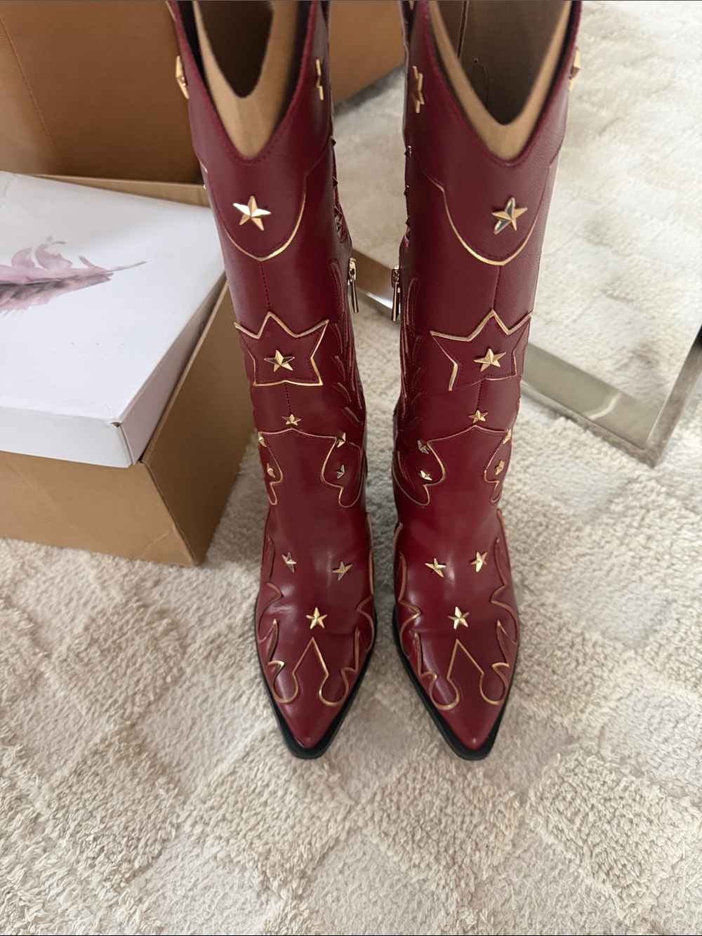 Jessica Simpson Red Western Heeled Cowboy Boots with Gold Accents - Picture 2 of 5